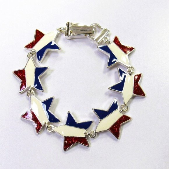 Silver Plated Star Charm Bracelet Red White Blue Multicolor Patriotic - Picture 1 of 2